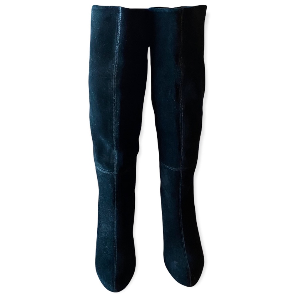 Joie Caviar Black Suede Tall Heeled Boots With Stitching detail round toe